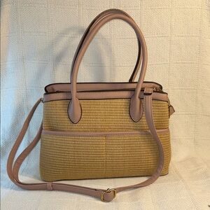 Woven Straw Purse With Pink Faux Leather And Gold Toned Accents